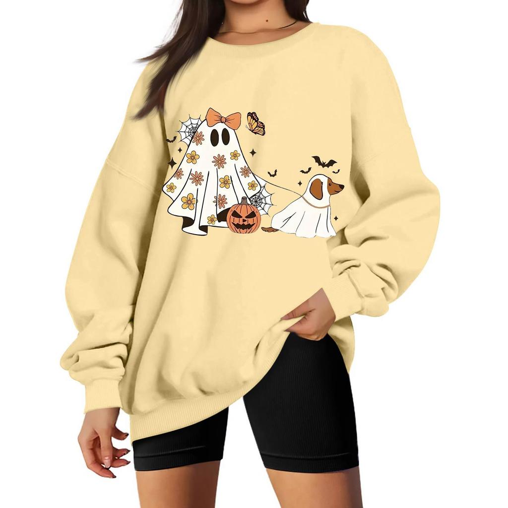Women's Comfortable Casual Sweatshirt with Long Sleeve, Round Neck, Loose Fit, Small Halloween Print and Color Options