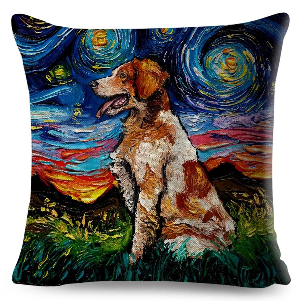 Both Sided Starry Sky Dog Cushion Cover Decor Oil Painting Cartoon Pet Animal Pillow Case for Sofa Home  Linen Pillowcase