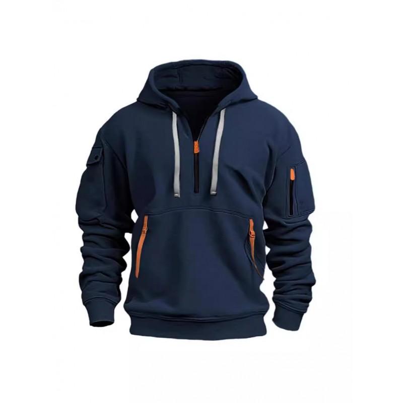 Mens Fleece Hooded Sweatshirt With Zipper Detail Solid Color Casual Long Sleeve Pullover Winter Outerwear