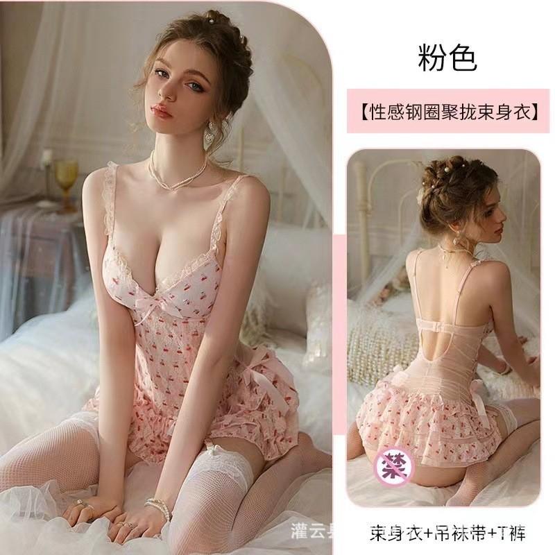 Sexy pajamas large size with chest pad thin ice silk lace backless flirting pure desire suspender pajamas female summer