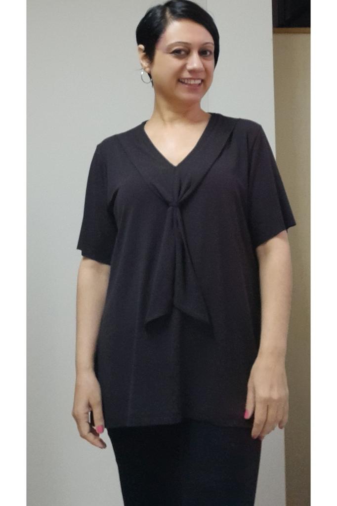 Damen Stil Große Größe T-Shirt Schwarz Schalkragen Kurzarm Gekämmte Viskose T-Shirt