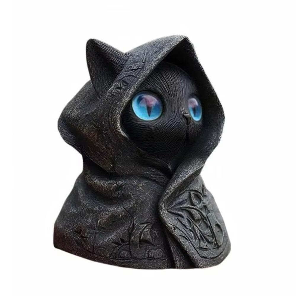 Decoration Mystical Cat Statue Hooded Cloak Cat Ornaments Cat Sculpture Halloween Decor Blue Eye