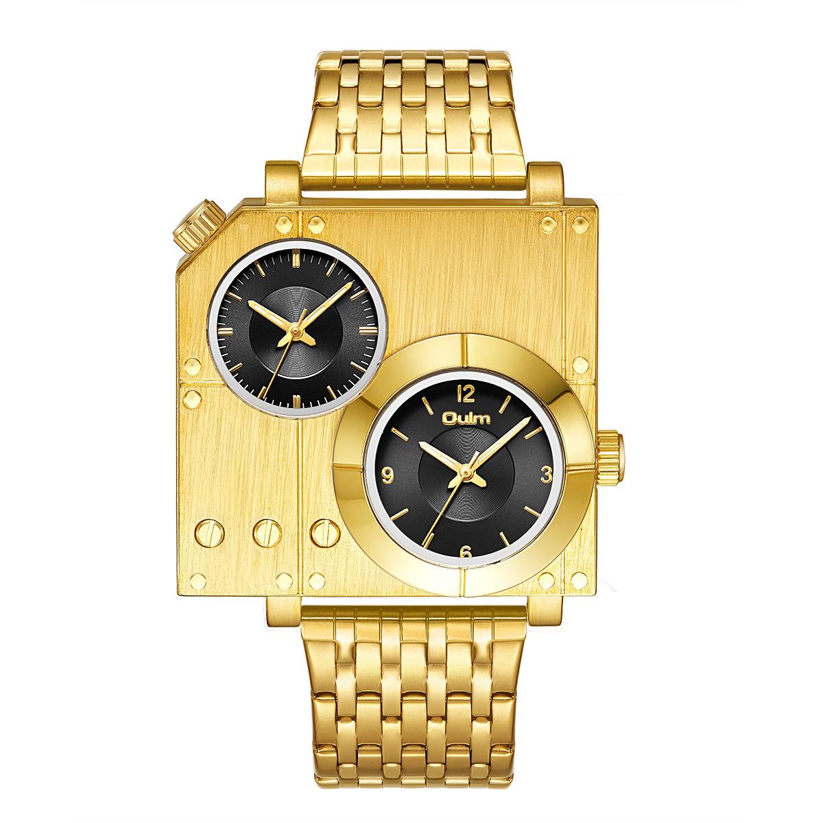 Oulm Square Personality Casual Large Dial Men S Watch Dual Time Zone Steel Belt Quartz Watch Men S Gold