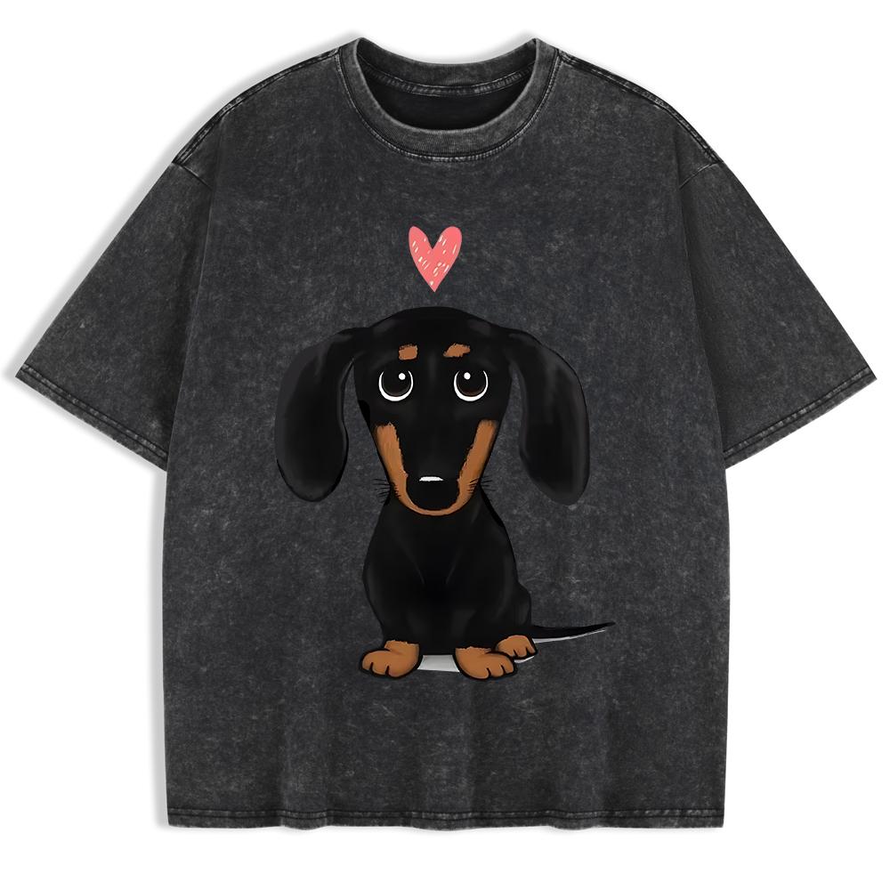 Dachshund With Heart Printed Washed T-Shirts Mens Cotton Oversized T Shirt Basic O-Neck Short Sleeve Tops Summer Men Clothes