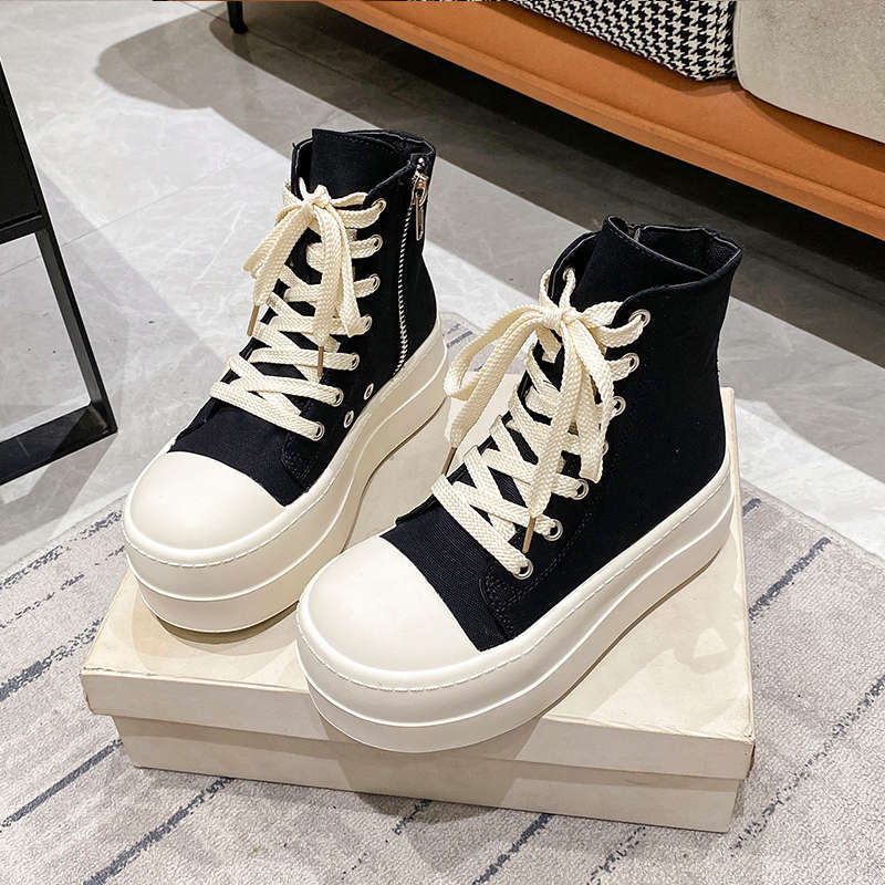 Women Punk High Top Sneakers Canvas Platform Heels Designer Elevator Shoes Lace Up Zip High Street Autumn Flats Black Boots