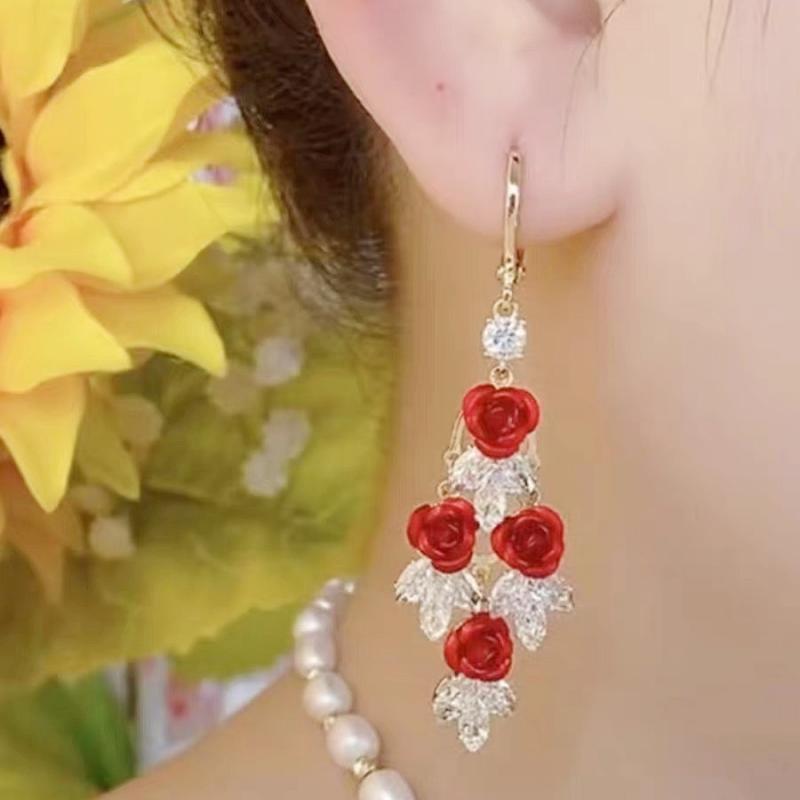 Elegant Red Rose Star Wave Earrings - High-End Light Luxury Long Studs for Women