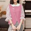 Women Lace Splice Doll Collar Casual Floral Print Half Sleeve Blouse