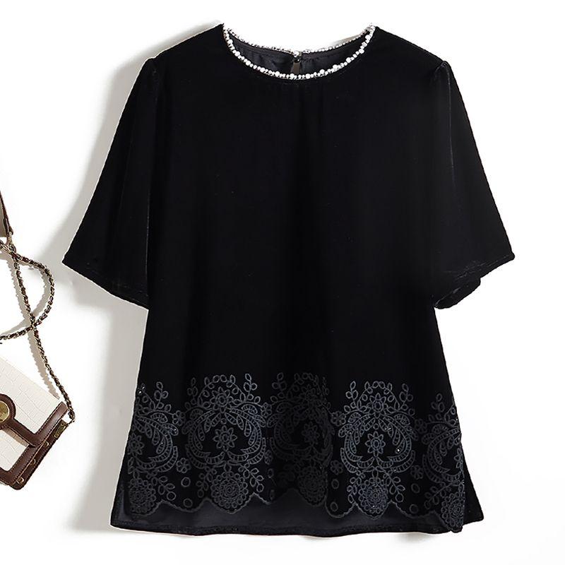 

Flocking Embossed Chinese Style Elements! Fake Two-Piece Women s round Neck Bead Half Sleeve Fall and Winter Pleuche T-shirt Show Elegant Black L