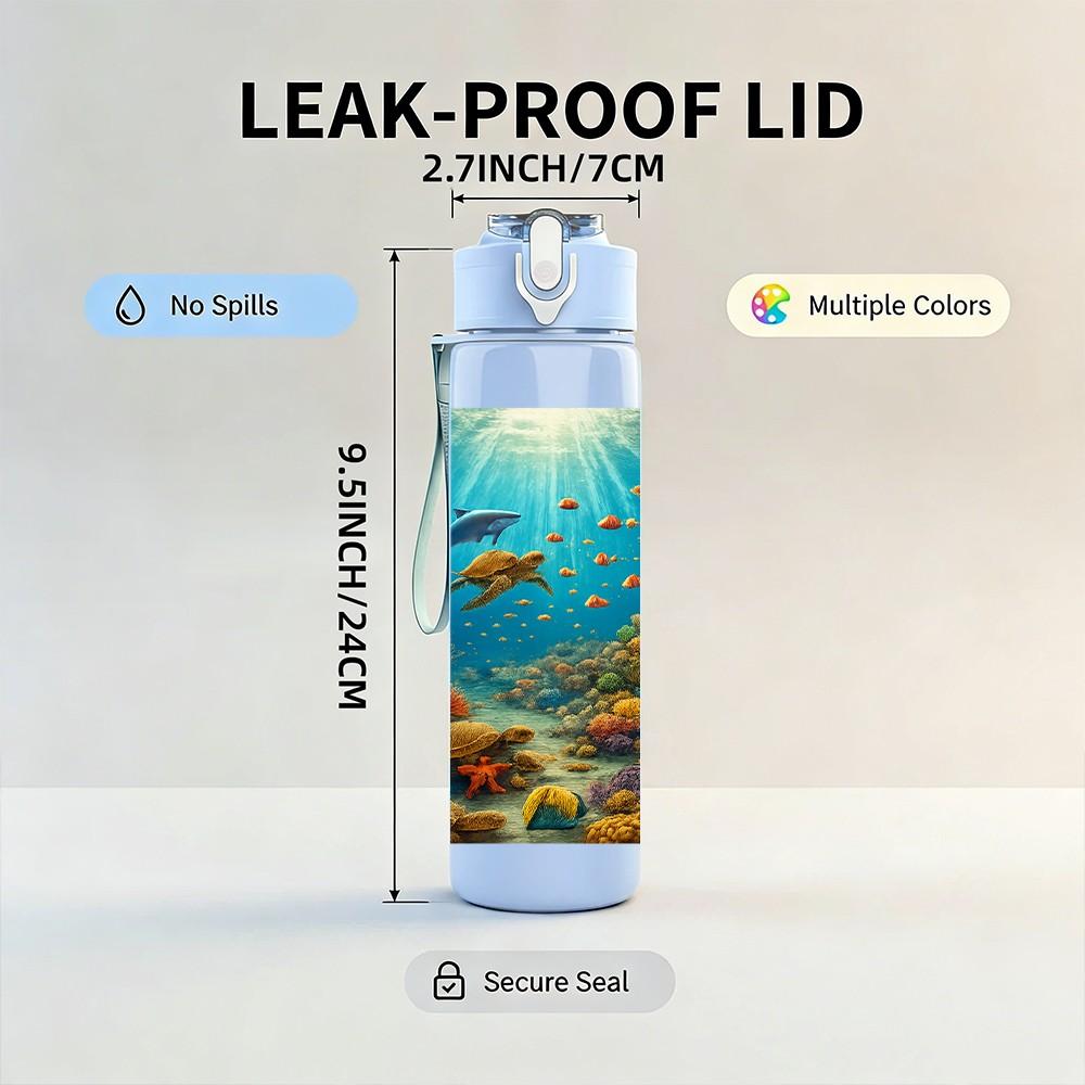1PC Underwater Ocean Fish Scene Print 750ml Color Plastic Sports Water Bottle Leakproof Flip Straw Lid Suitable for Sports Office Home Use