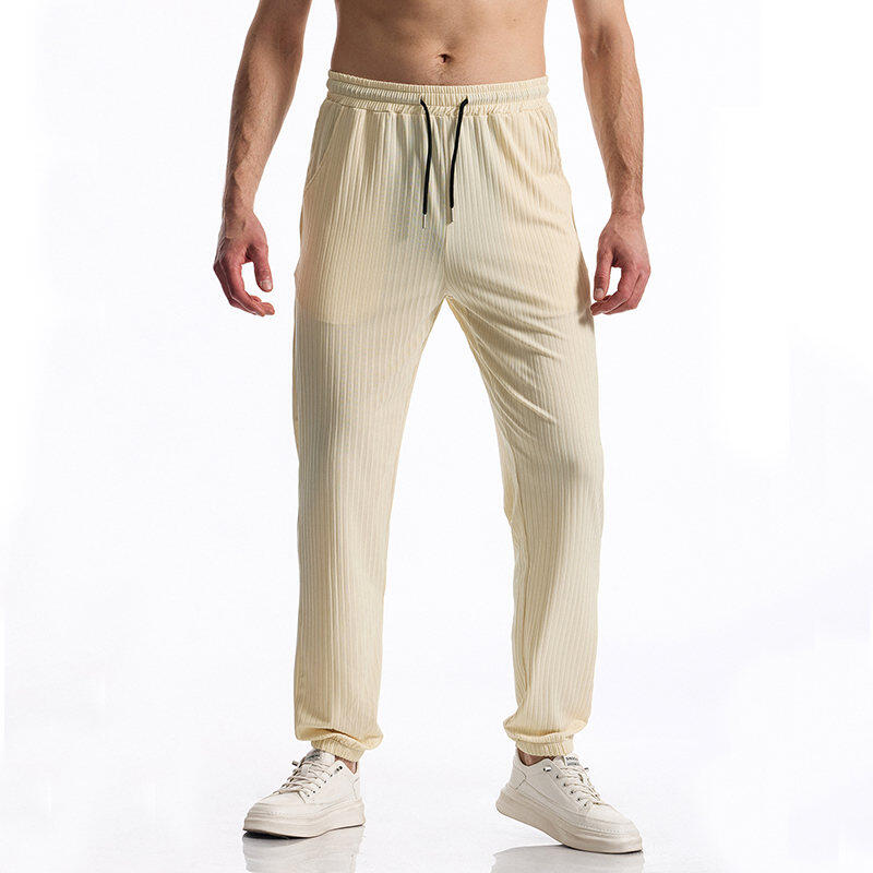 Men's Spring/Spring Ribbed Pants Elastic Waistband with Drawstring Straight Leg Comfortable and Versatile for Everyday Wear
