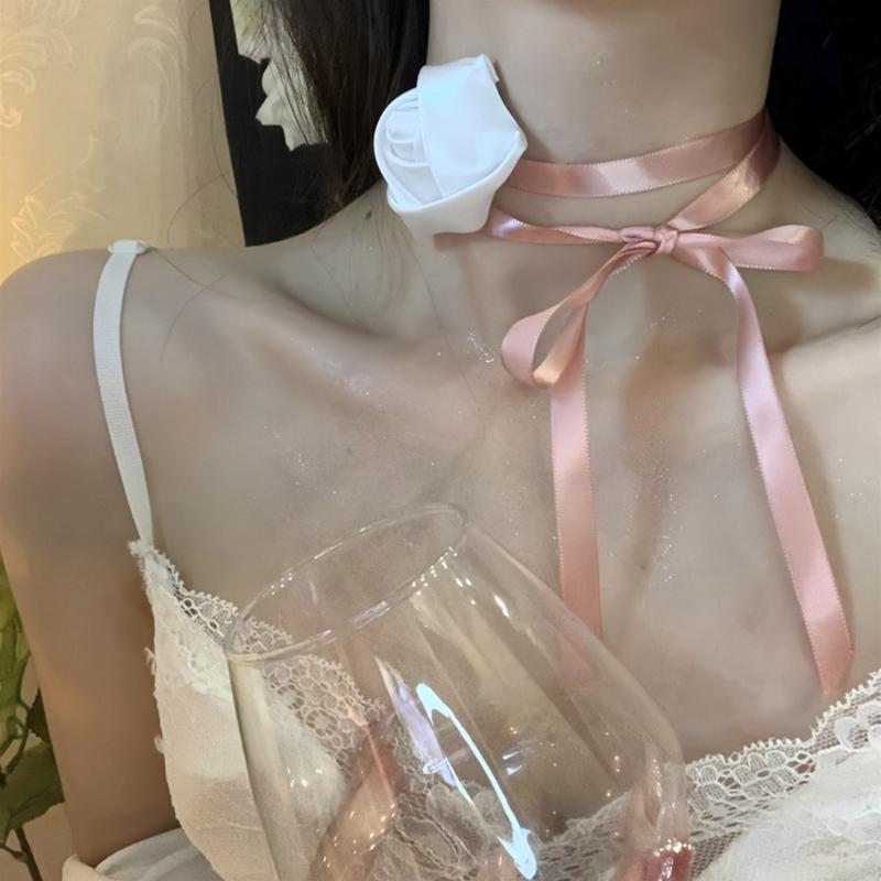 Flower Choker Necklace Soft Fabric Material Flower Choker Rose Ribbon Necklaces Cloth Accessories for Women Teen Girls