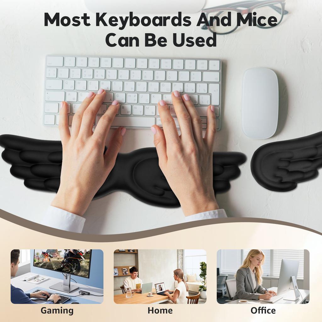 Keyboard Mouse Wrist Rest Memory Foam Angel Wing Wrist Pad Soft and Comfortable Cute Hand Rests Set for Office Work Study Gaming