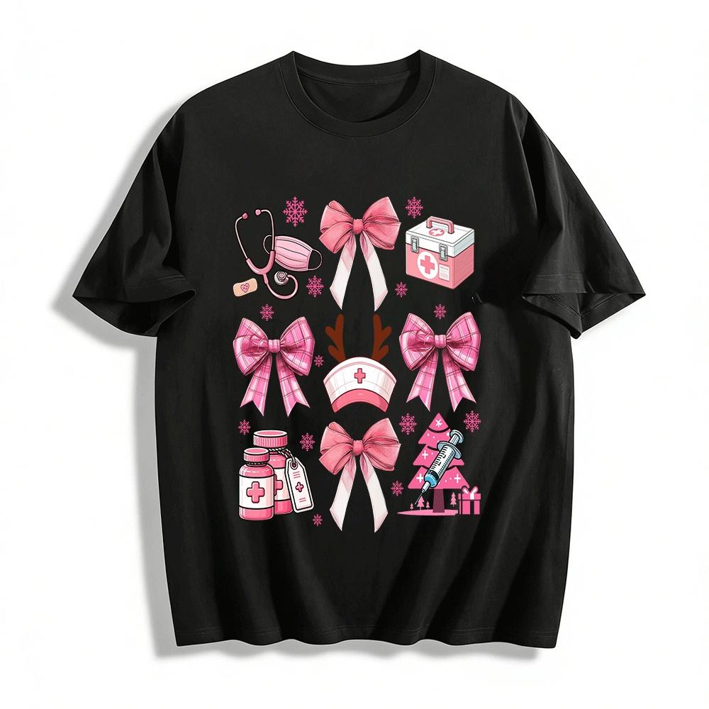 Christmas Medical Themed Pink Print Top Pure cotton T-shirt XXS