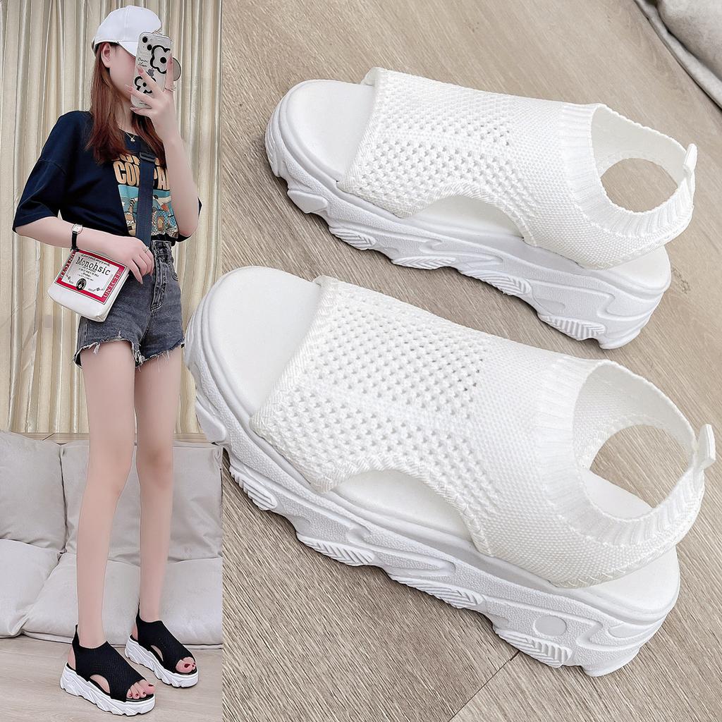 Sommer neu Koreanische Version Muffinboden Strickstoff Oberfläche Fischmaul Damen Sandalen leicht Tide