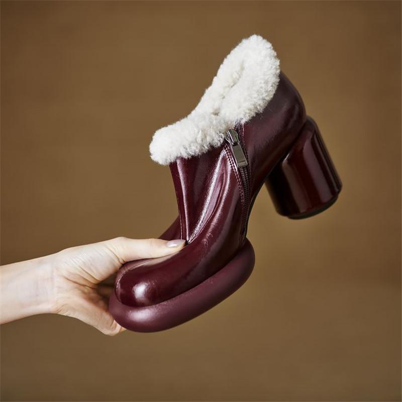 Fashion New Autumn Winter Split Leather Women Pumps Shoes for Women Fashion Round Toe Warm Fur Shoes Zaptos Mujer The Red High Heels