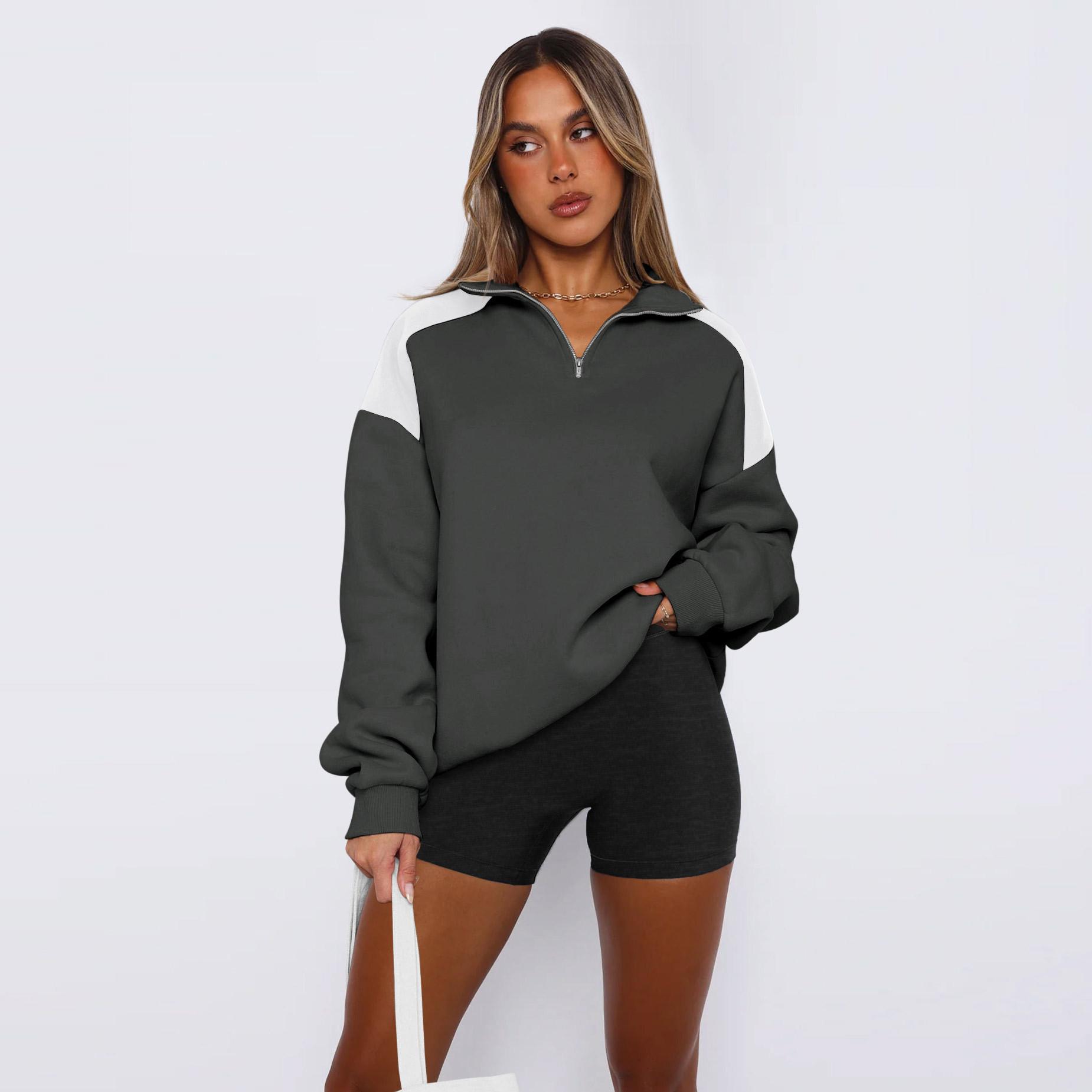 

Женская свободная толстовка с воротником-поло на молнии для осени и зимы в ярких цветах XL чёрный