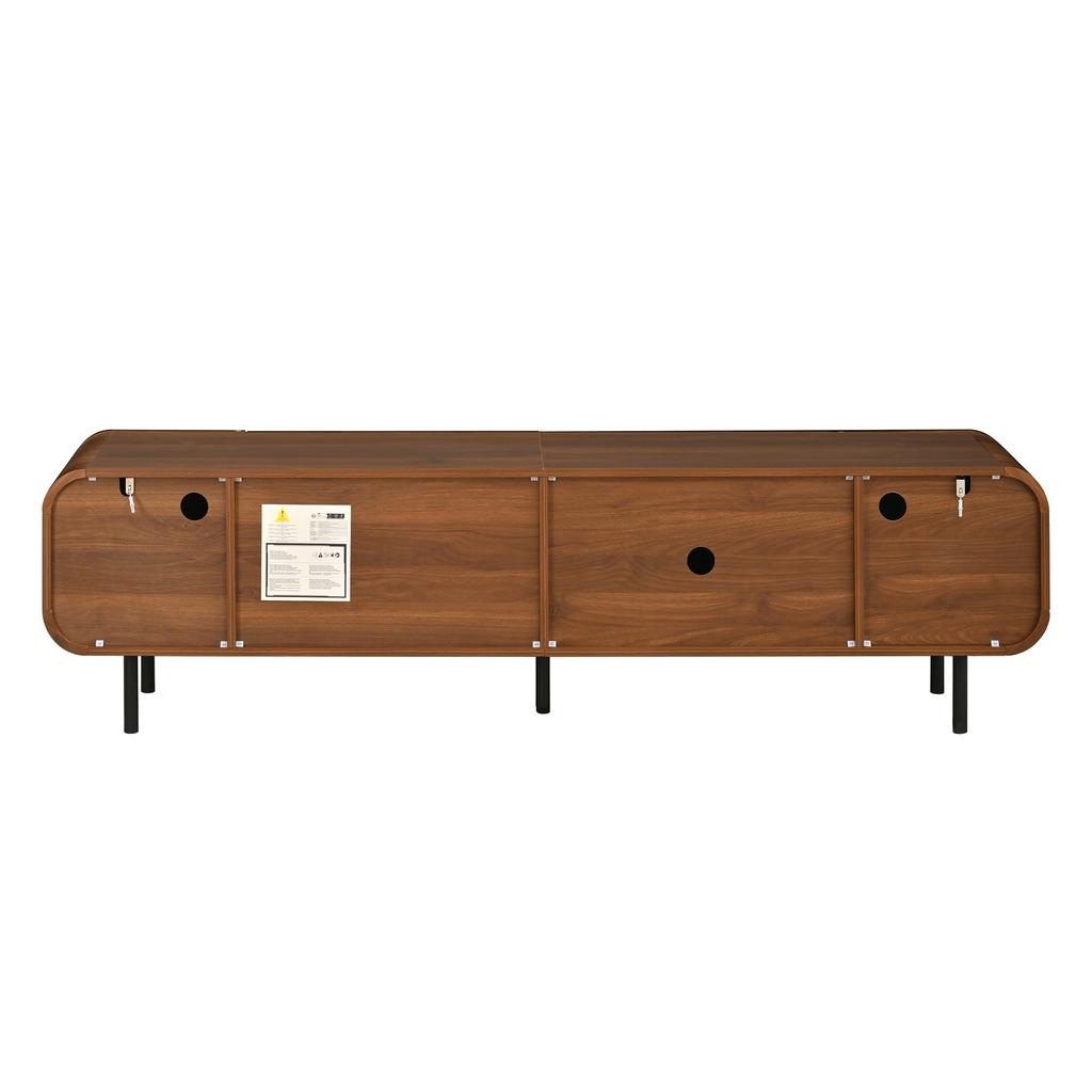 Mueble de TV con 3 Puertas, 2 Cajones, Ranuras Verticales, Relieves Arqueados, Esquinas Redondeadas, Patas Metálicas, Estilo Mediados de Siglo, Aberturas para Cables,