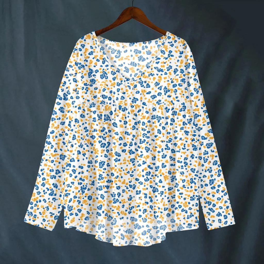 Women's Fashionable And Casual Shirt Long-sleeved V-neck Print Cotton And Linen Blouse