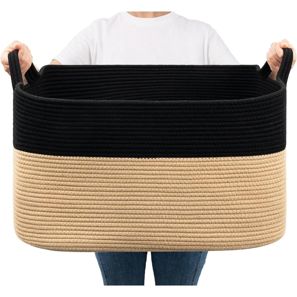 Cesto Grande Rettangolare per Coperte Intrecciato in Corda di Cotone per Nursery, Cesto per Bucato per Conservazione, Soggiorno, Organizer per Giocattoli con Manico