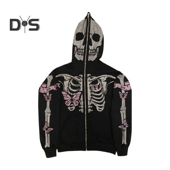 

Унисекс Толстовка на Хэллоуин со стразами Призрак Скелет с застежкой-молнией Карманы с капюшоном Длинные рукава Партия Косплей Костюм Осень-Зима Куртка L розовый