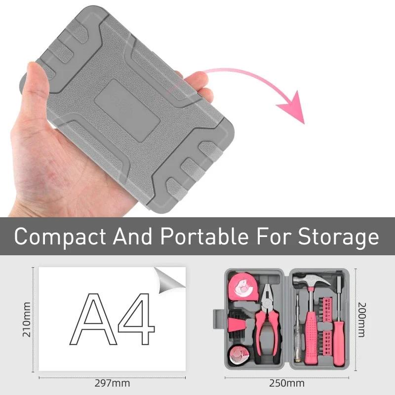 24 In 1 Multifunctional Home Repair Hand Tool Set Pliers Tape Wrench Measure Hammer Screwdriver Pink Hardware With Toolbox