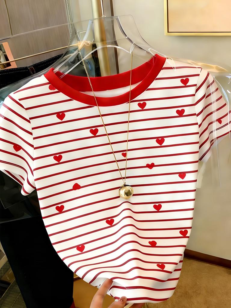 Rainbow Striped Women T Shirt Oversized Clothes Trend Casual Short Sleeve Crew Neck T Shirts Summer Lady Tees Daily Soft Wear