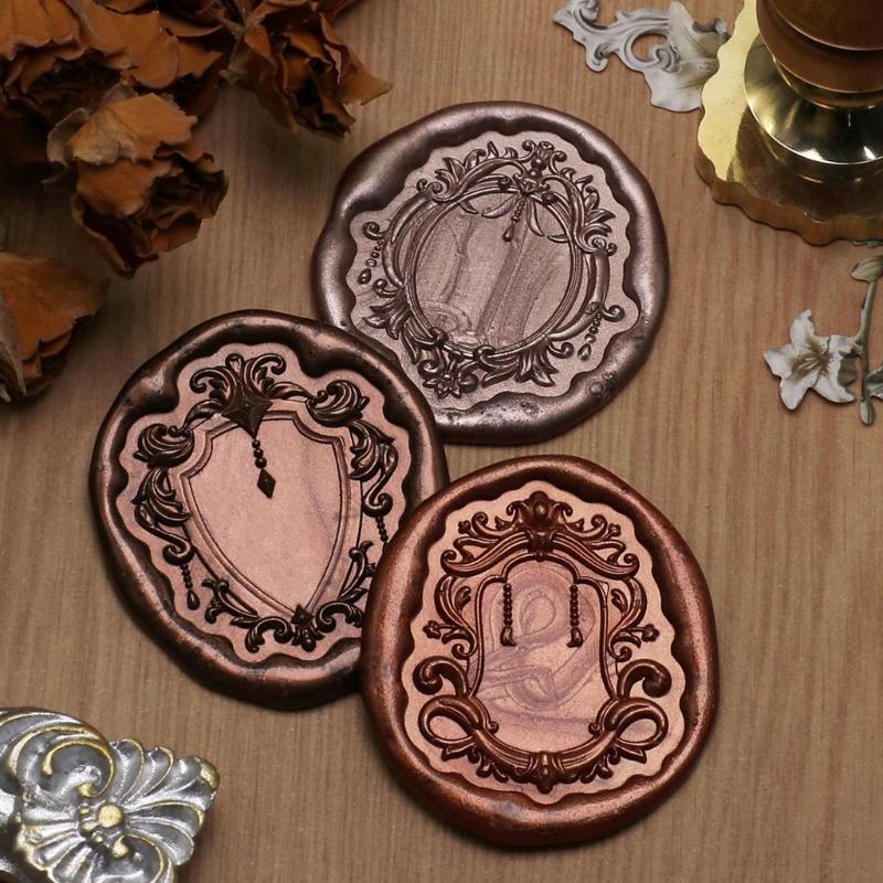 Antique Solid Brass Wax Seal Stamp Head Engraved Embossing Tool Seal Flower Frame for Handmade Letters Gift Wrapping