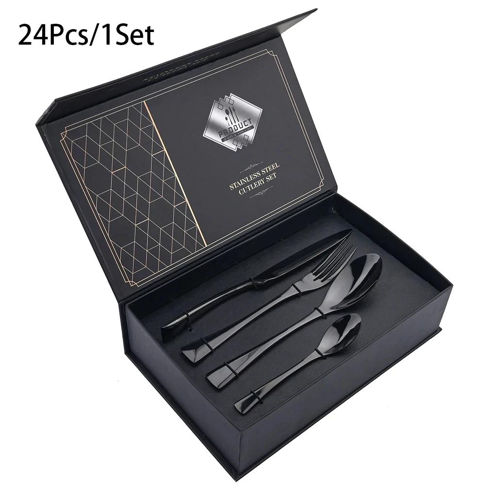24Pcs/Set Cutlery Sets 304 Stainless Steel Mirror Tableware Knife Forks Spoons Silverware Dinnerware Kitchen Flatware Gift Box