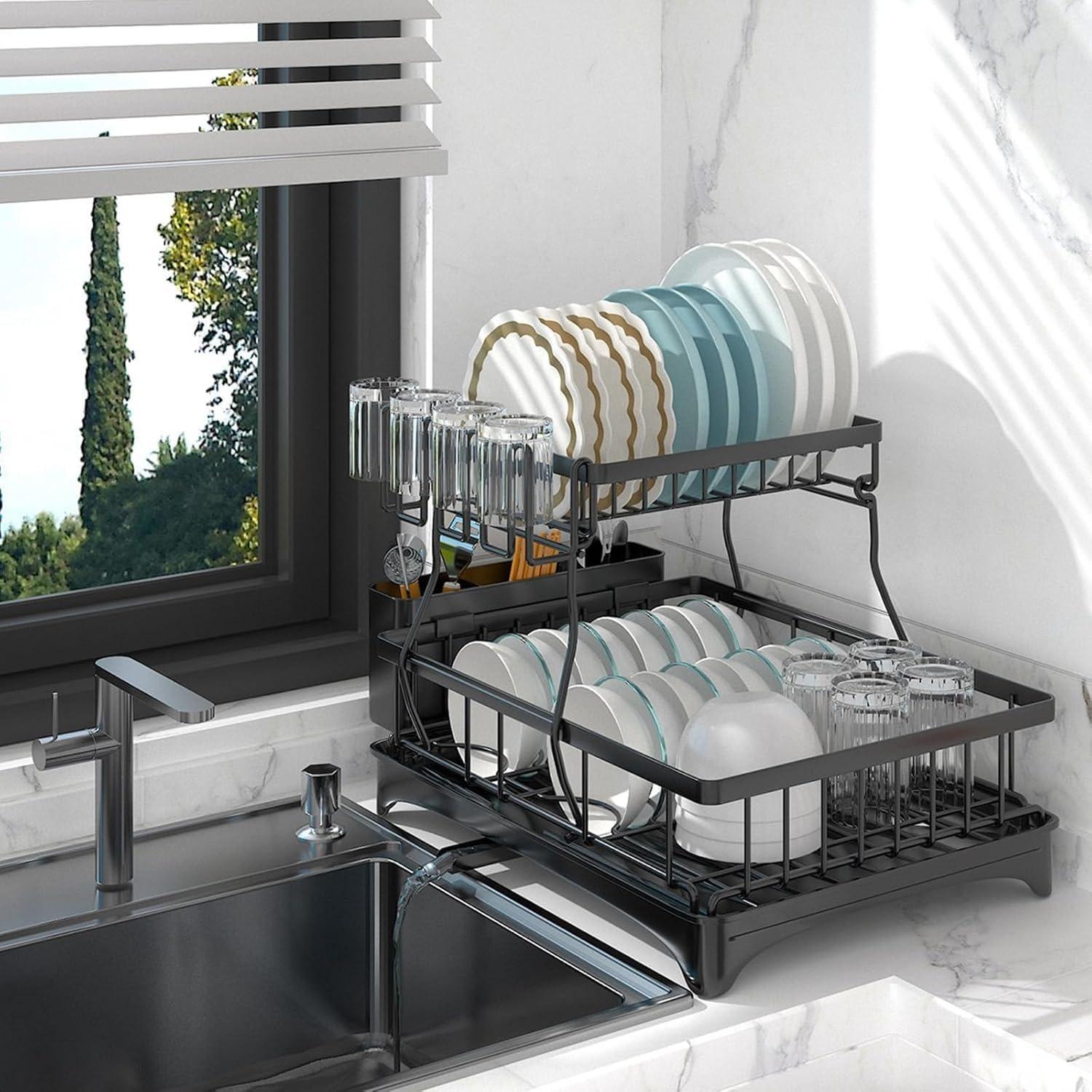 2-Tier Dish Drying Rack with Drainboard,Carbon Steel Dish Racks for Kitchen Counter,Detachable Large Dish Drainer Organizer with Utensil Holder чёрный