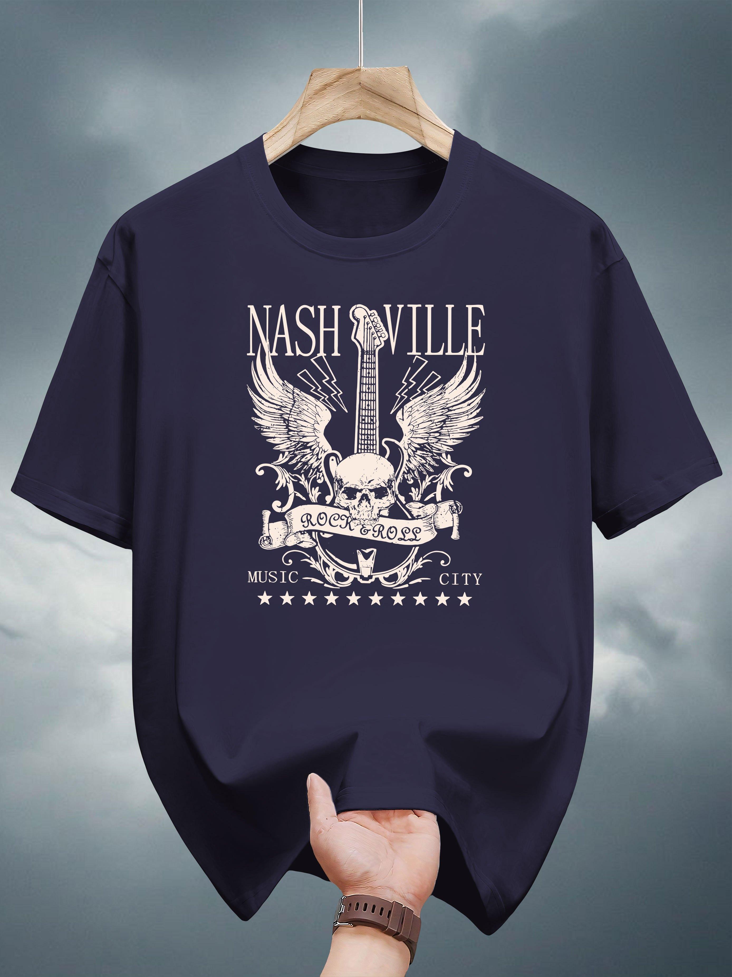 200g 100% Cotton Short Sleeve T-shirt - Navy Blue Music-Inspired Graphic Print L