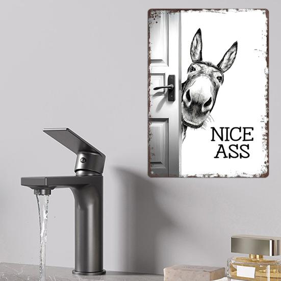 Rustic Farmhouse Bathroom Signs Funny Wall Sign, Vintage Metal Humorous Highland Cow Donkey Sign Art, 12" X 8" for Restroom Washroom Decor Decorative
