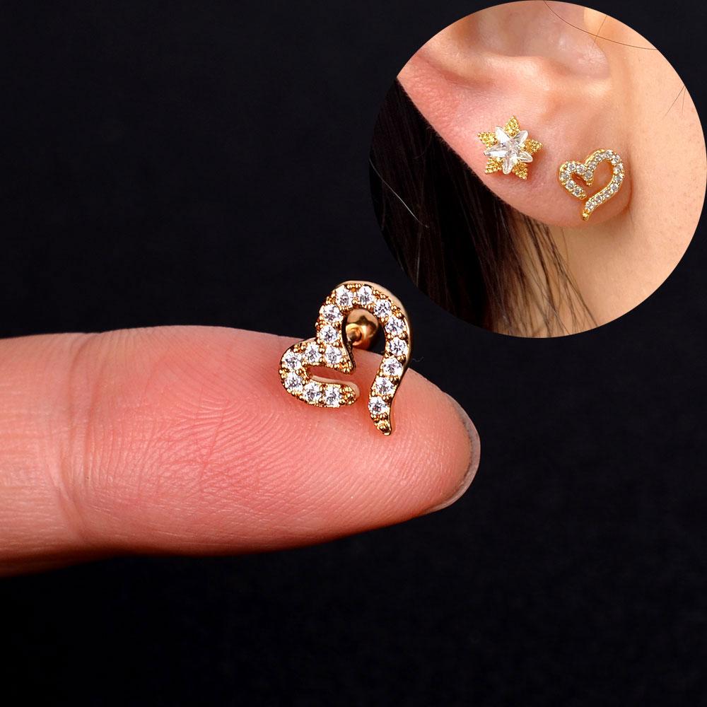 1pcs New Style Stainless Steel Ear Piercing Cz Stud Earrings Snake Moon Round Ball Arc Cartilage Helix Conch Screw Back Earring