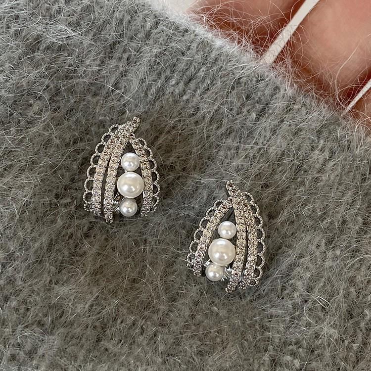 French Pearl & Zircon Earrings: Women's Light Luxury Lace Edged Studs, Hoops, and Clips.