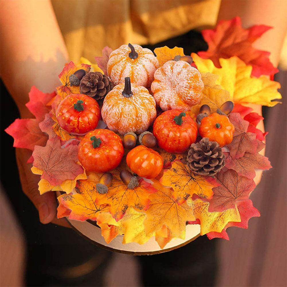 Autumn Pumpkin Decor Set: Realistic Mini Pumpkins, Pinecone & Maple Leaves