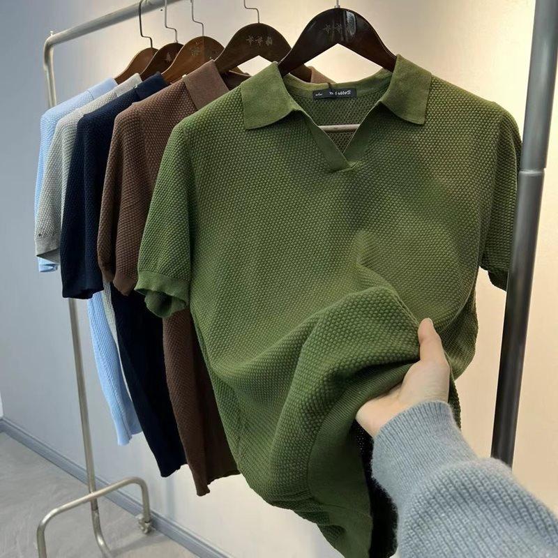 

Men Short Sleeve Knit Polo Shirt Honeycomb Texture Casual V-Neck Top M зелёный