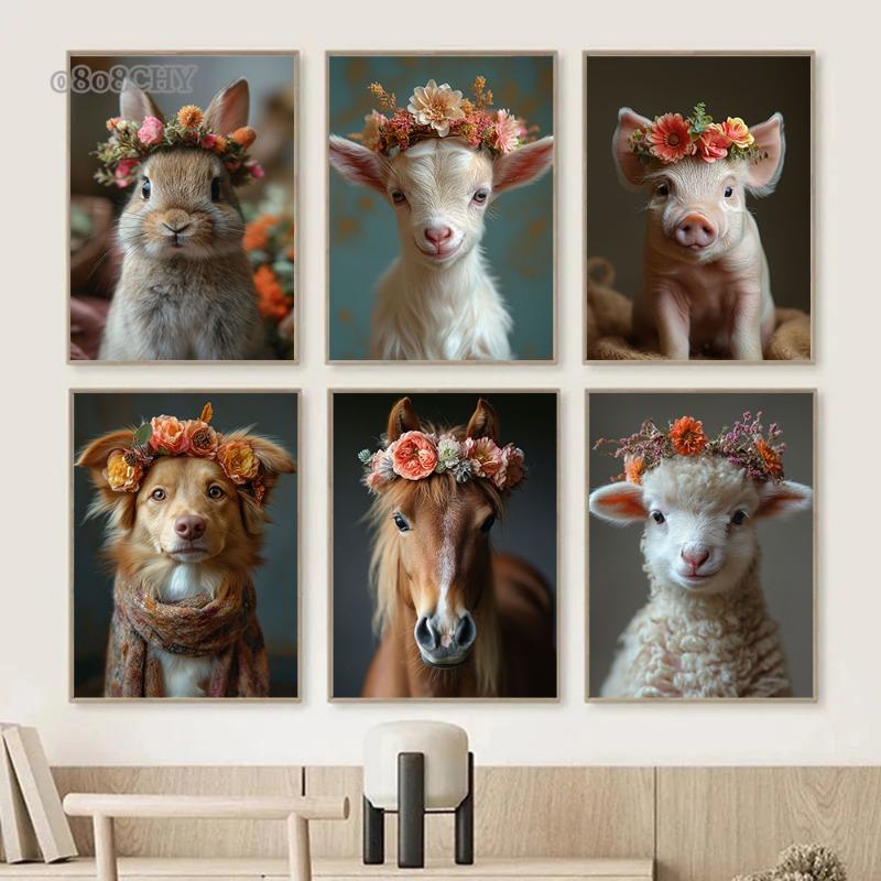 Baby Animal Flower Crown Print Canvas Painting Prints HD Posters Cute Animal Portriat Wall Art Pictures Home Kid Bedroom Decor