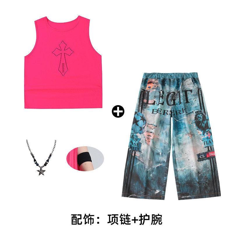 Kids Hip Hop Dance Outfit Set Boys Girls - Sleeveless Pink Top Navy Blue Pants With Accessories