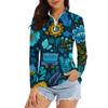 Women's Casual Fashion Retro Floral Print Long Sleeve Zipper Neck Top T-shirt