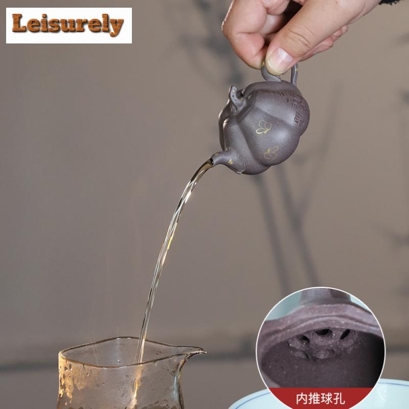 80ml Yixing Purple Clay Teapots Handmade Gold Tracing Pumpkin Pot Raw Ore Cyan Section Mud Kettle With Infuser Zisha Teaset Gift