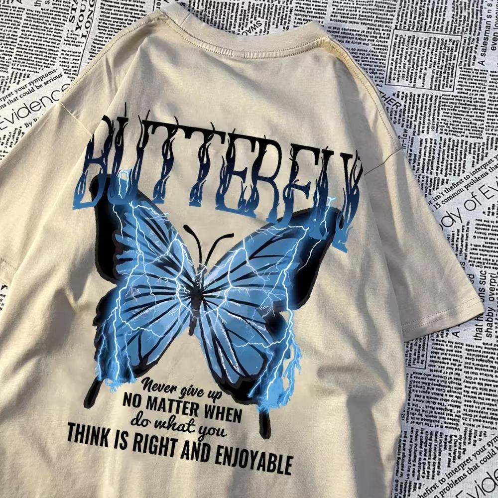 Blauer Blitz Schmetterling Kreatives Wort T-Shirt Herren Lässiges Übergroßes T-Shirt Lässiges Lockeres T-Shirt Kleidung Muster Qualität Oberteile