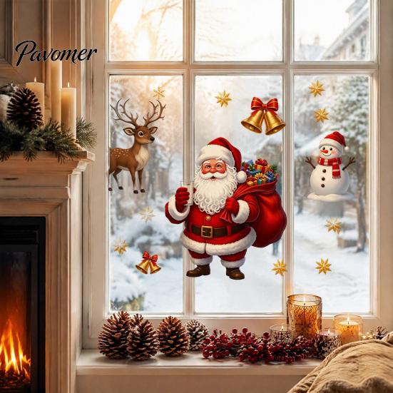 Snowman Window Decorations Christmas Static Clings, PVC Santa Claus And Elk Self Adhesive Decals Decals, Waterproof Reusable Glass Stickers for Store