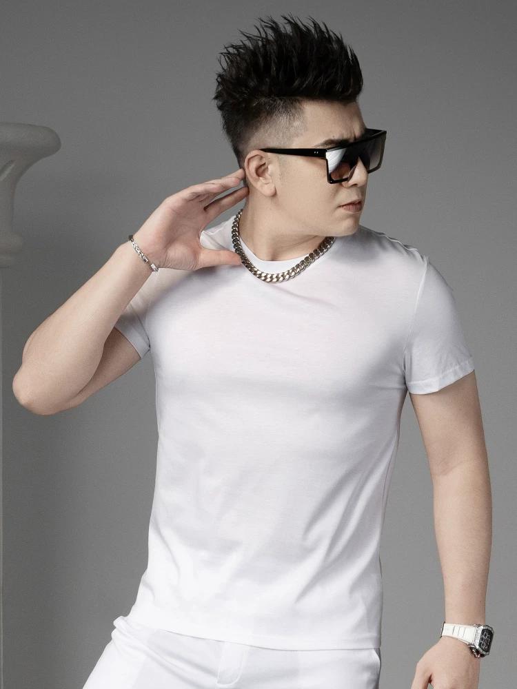 Ozhouzhan round Neck Short sleeve T-shirt Men's Summer Mercerized Cotton Half Sleeve T-shirt 2025 New Solid Casual Top