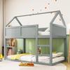 Bunk Children Bed, 90 x 200 cm, Low Bunk Single Bed, Loft Bed with Stairs, Solid Wood Frame, Wood Color