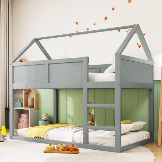 Bunk Children Bed, 90 x 200 cm, Low Bunk Single Bed, Loft Bed with Stairs, Solid Wood Frame, Wood Color
