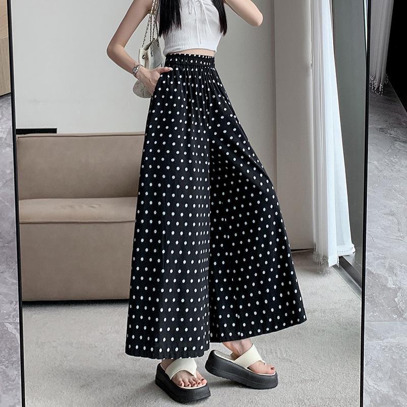2024 Women's High-Waist Polka Dot Wide-Leg Skirt Pants - Korean Style, Summer, Nine-Point Length