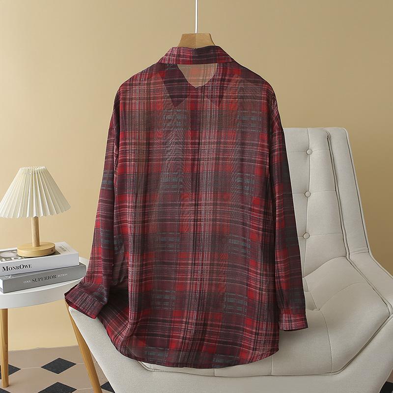 

Прозрачная шифоновая клетчатая рубашка для женщин, оверсайз, с воротником на пуговицах, летняя женская свободная повседневная одежда One Size красный