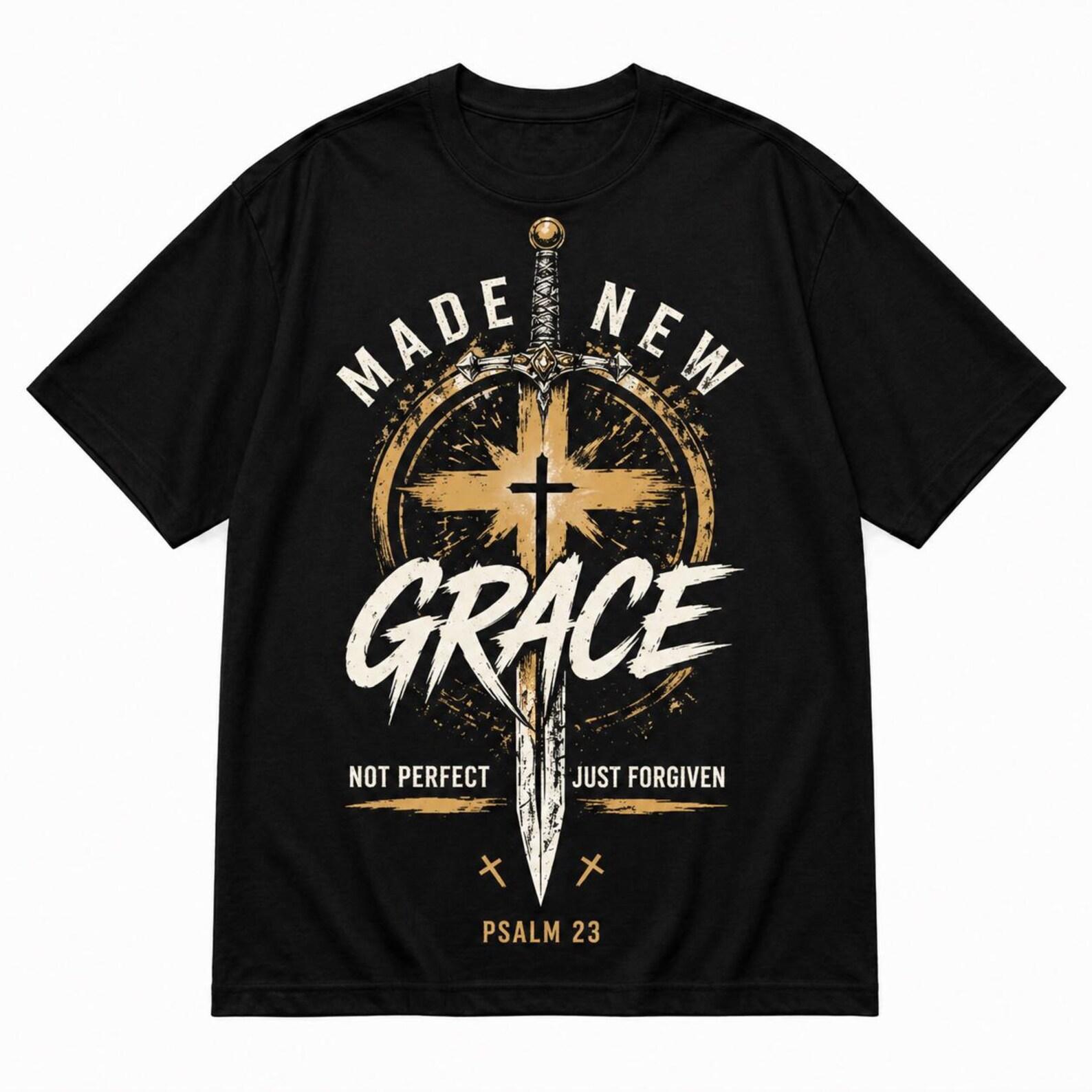 Made New By Grace Christian T-Shirt, Psalm 23 Faith Streetwear Tee L