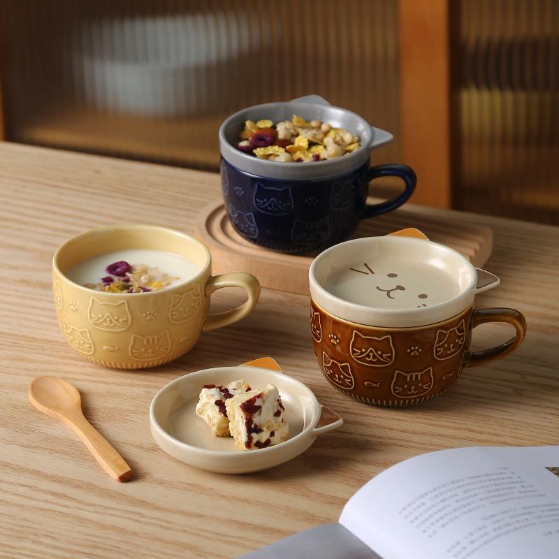 Super Cute Creative Cute Cat Ceramic Plate With Lid High Value Cartoon Student Milk Oat Cup Water Cup