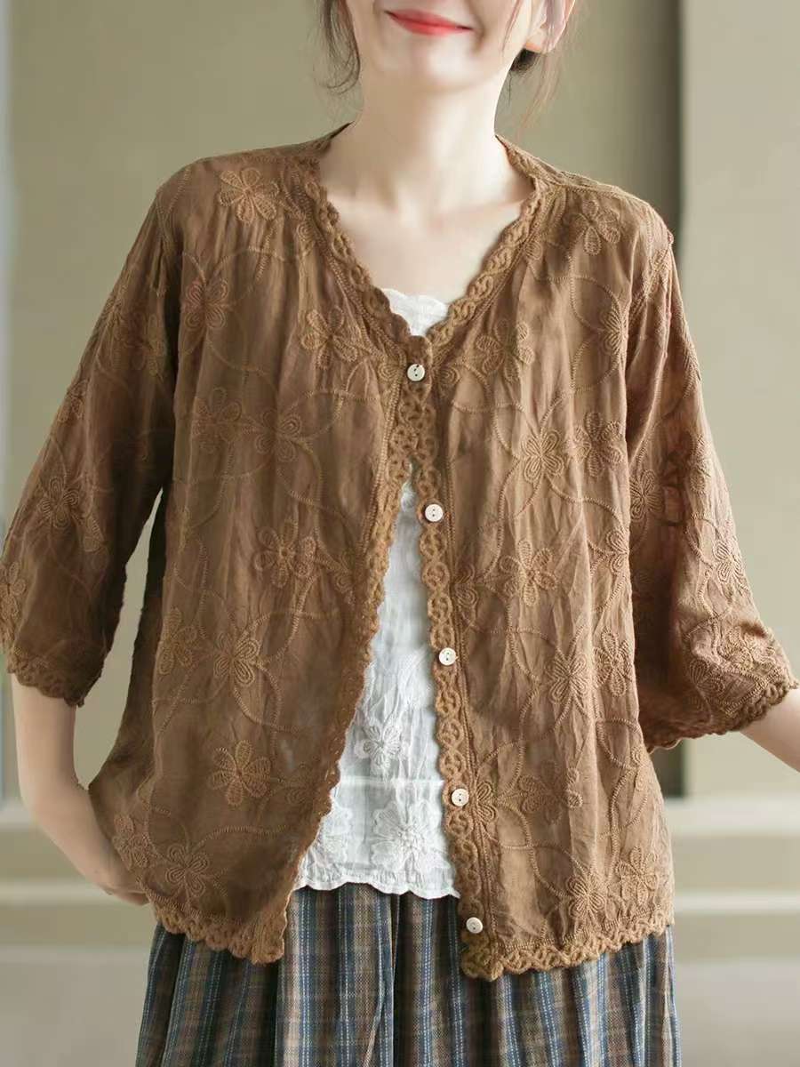

Johnature Однотонная вышитая рубашка в стиле три четверти с V-образным вырезом, женская осенняя модная однобортная свободная рубашка One Size кофейный