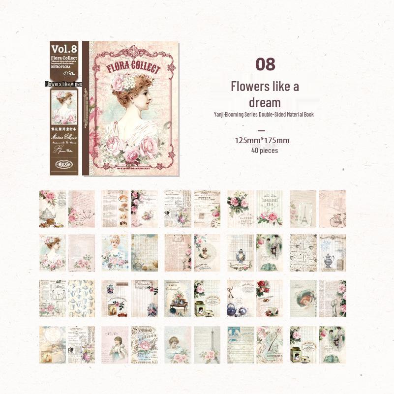 Yanji Retro Floral Journal Stickers - 40 Sheets, 8 Designs